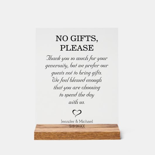 Geen geschenken alsjeblieft, bruiloft minimaal scr acryl bord (Voorkant)