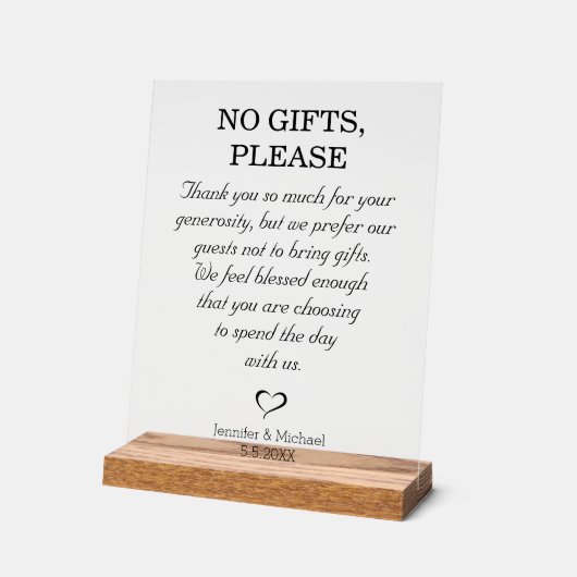 Geen geschenken alsjeblieft, bruiloft minimaal scr acryl bord (Hoek)