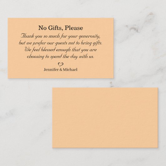 Geen geschenken alsjeblieft, let op huwelijkscadea informatiekaartje (Voorkant / Achterkant)