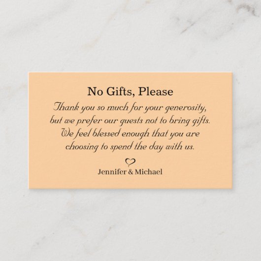 Geen geschenken alsjeblieft, let op huwelijkscadea informatiekaartje (Voorkant)