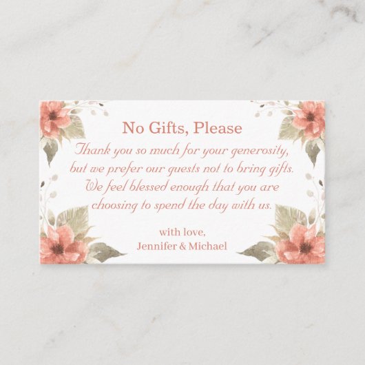 Geen geschenken, let op huwelijkscadeaus Bloemen Informatiekaartje (Voorkant)