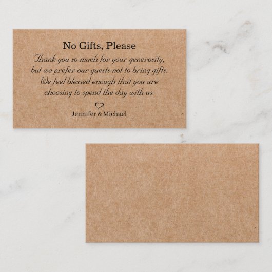 Geen geschenken, let op huwelijkscadeaus Kraft Bro Informatiekaartje (Voorkant / Achterkant)