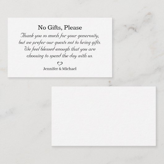 Geen geschenken, let op huwelijkscadeaus minimalis informatiekaartje (Voorkant / Achterkant)