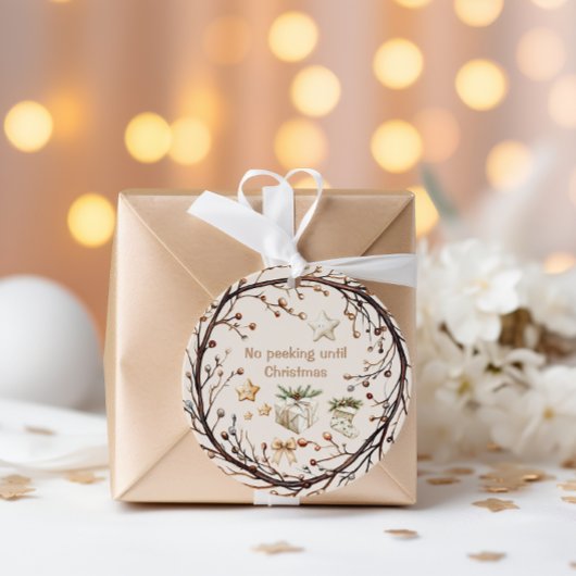 Geen gluren tot kerst rustiek ronde sticker