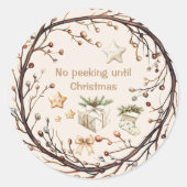 Geen gluren tot kerst rustiek ronde sticker (Voorkant)