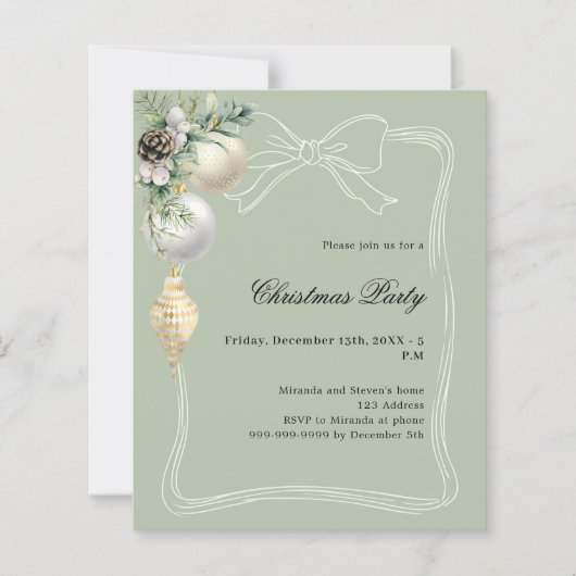 Geen gold baubles bow Christmas Party invitation (Voorkant)
