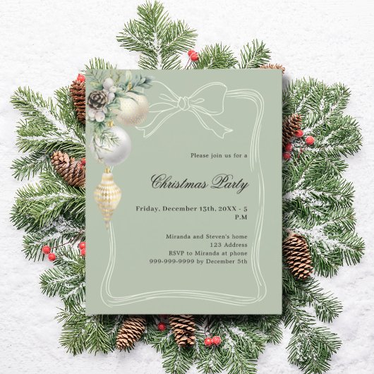 Geen gold baubles bow Christmas Party invitation