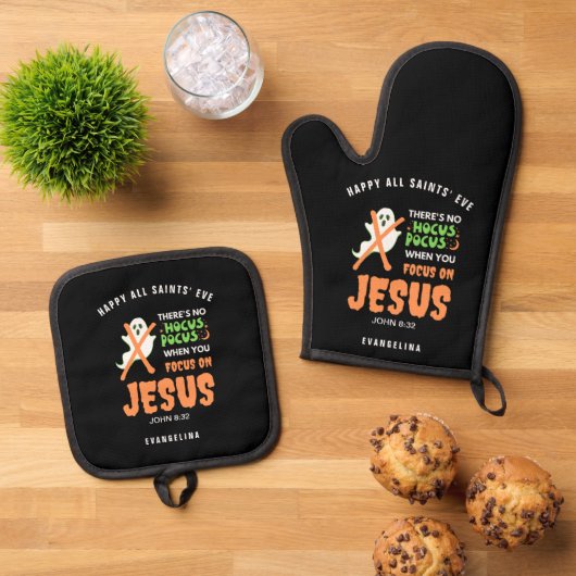 GEEN HOCUS POCUS Christelijke Halloween Ovenwant & Pannenlap Set (Top down)