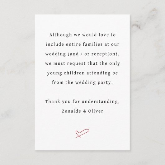 Geen kinderen Trouwen of Receptie Woorden Informatiekaartje (Voorkant)