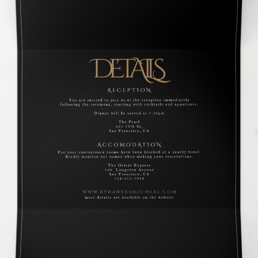 GEEN MAALTIJDEN Black Gold Monogram All In One Tro Drieluik Uitnodiging (Binnenkant midden)