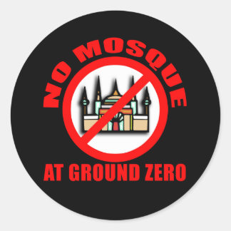 GEEN MOSKEE bij Ground Zero Tshirts, Buttonnen Ronde Sticker