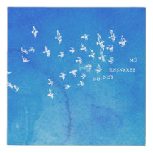 "Geen net verstrikt me" + vogels (wit op blauw)
