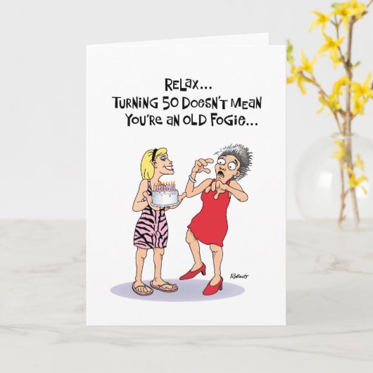 Geen Oude Fogie 50th Birthday Card Kaart (Gele Bloem)