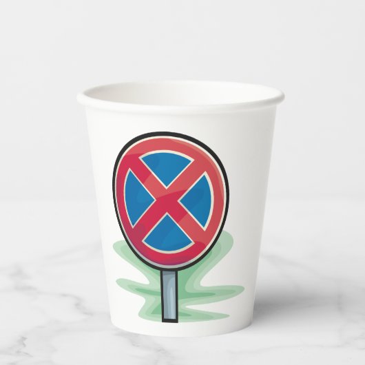 Geen parkeerwegbord rood blauw verkeerssymbool papieren bekers (Voorkant)