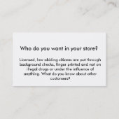 Geen pistolen, geen geld! visitekaartje (Achterkant)