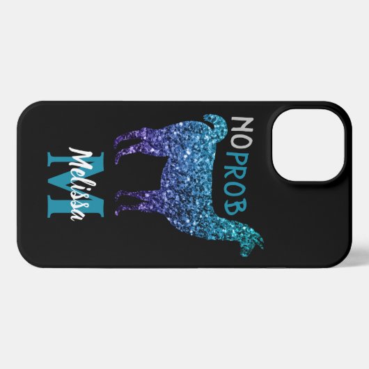 Geen Prob Llama Aqua blue ombre Sparkles Monogram iPhone Hoesje (Achterkant horizontaal)