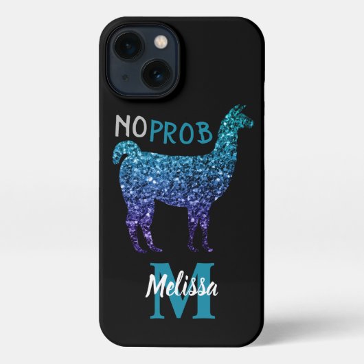 Geen Prob Llama Aqua blue ombre Sparkles Monogram iPhone Hoesje (Achterkant)