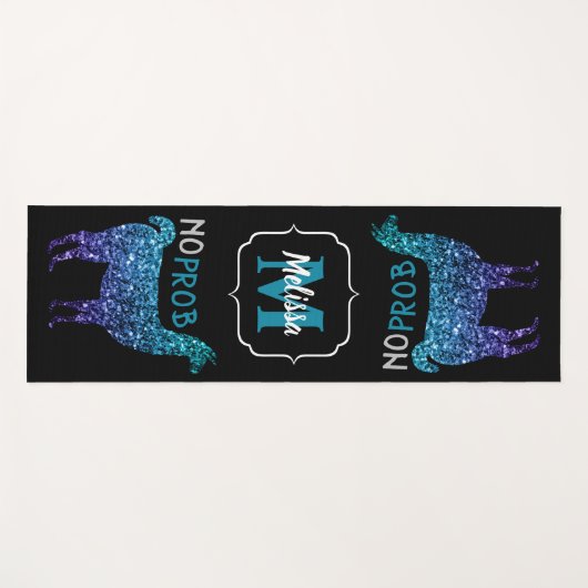 Geen Prob Llama Aqua blue ombre Sparkles Monogram Yogamat (Voorkant (horizontaal))