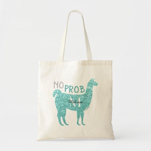 Geen Prob Llama Turquoise glitter Sparkles Monogra Tote Bag (Voorkant)