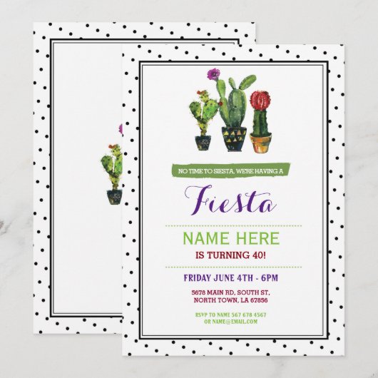 Geen Siesta Fiesta verjaardagscactus uitnodiging (Voorkant / Achterkant)