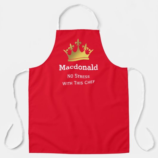 GEEN STRESS CHEF | Gepersonaliseerde kroon | ROOD Schort (Voorkant)