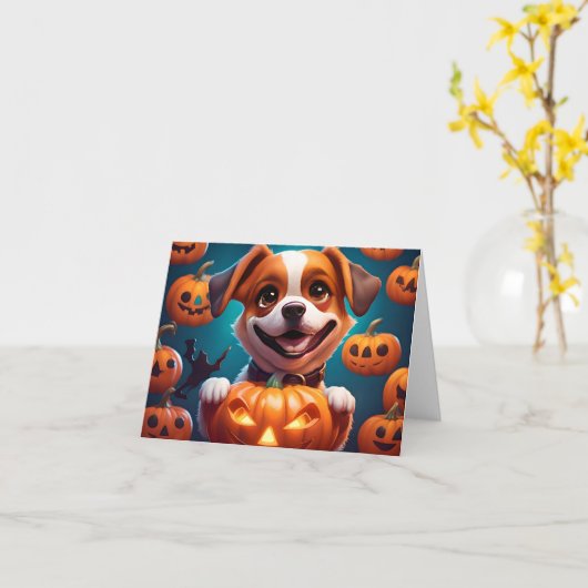 GEEN Tricks ALLEEN Treats Schattige Halloween Pupp Kaart (Gele Bloem)
