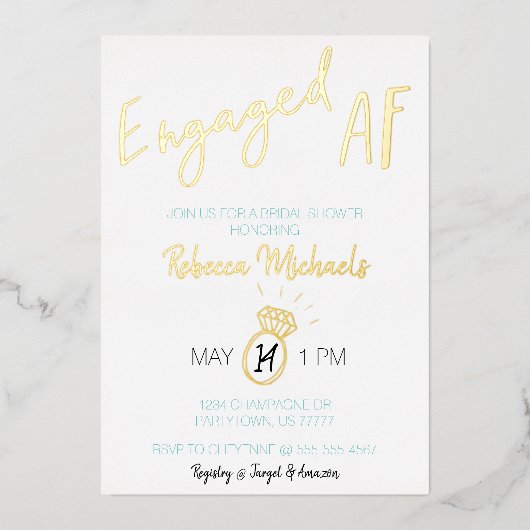 Geëngageerde AF Gold Metallic Script Vrijgezellenf Folie Uitnodiging (Voorkant)