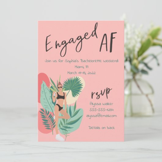Geëngageerde AF Roze en Black Summer Bachelorette Kaart (Staand voorkant)