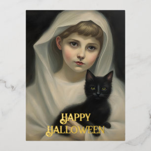 Geest en een Zwarte Kat Halloween Folie Feestdagen Briefkaart