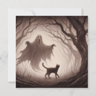 Geest en kat in griezelige horrorbos tekening kaart
