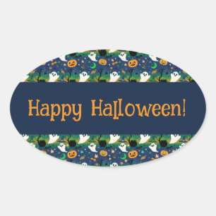 Geest en Pompoenen, Blauw met Groen Patroon Ovale Sticker