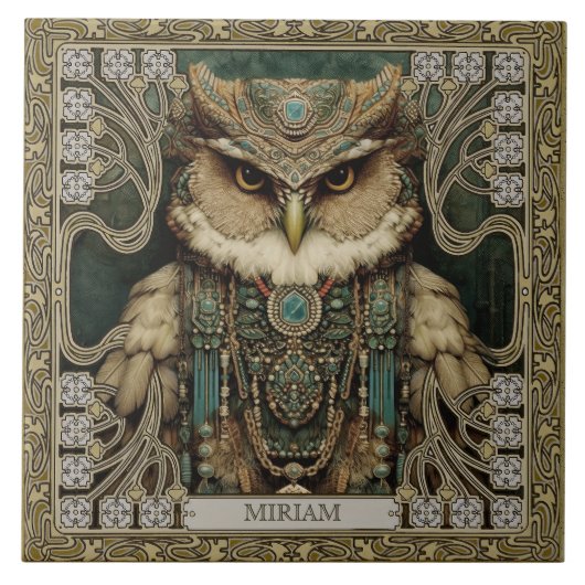 Geest Guardian Uil: Gepersonaliseerde Tribal Jewel Tegeltje (Voorkant)