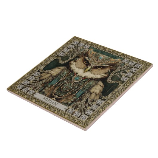 Geest Guardian Uil: Gepersonaliseerde Tribal Jewel Tegeltje (Zijkant)