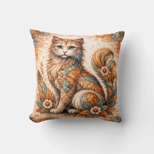 Geest Kat, Boho Patchwork Landelijke Folk Art Kussen (Voorkant)