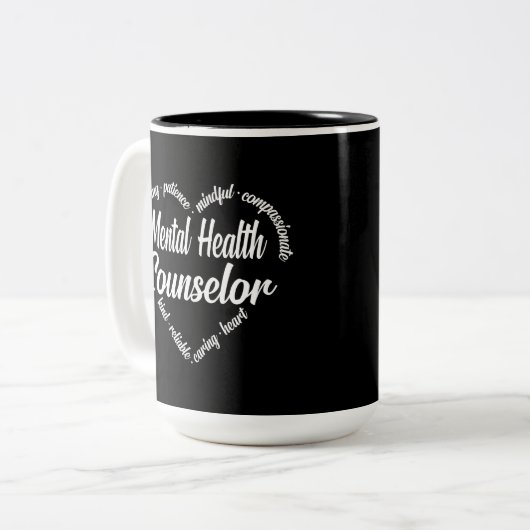 Geestelijke gezondheidsadviseur Heart Word Cloud Tweekleurige Koffiemok (Voorkant links)