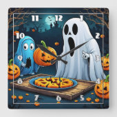 Geesten snijden pompoenen op Halloween Vierkante Klok (Voorkant)