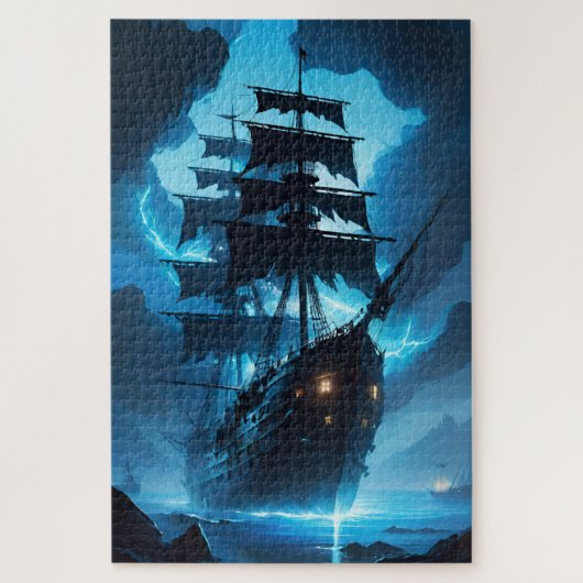 geesterschip, piratenschip, mist, zeilboot legpuzzel (Verticaal)