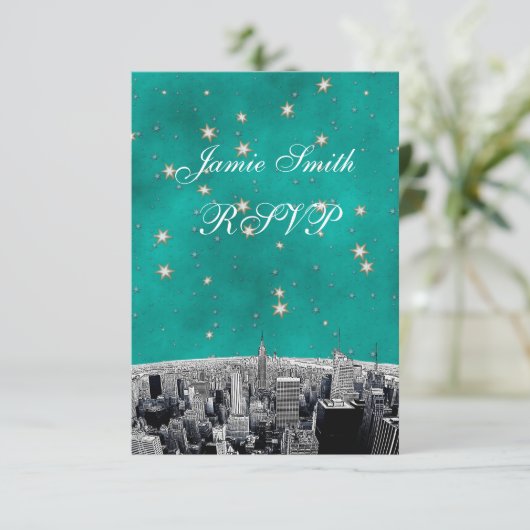 Geëtst NYC Skyline 2 Blauwgroen Gold Star RSVP w M (Staand voorkant)