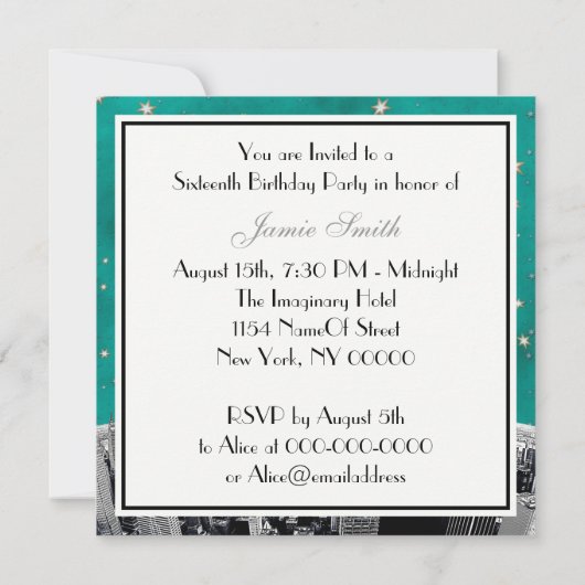 Geëtst NYC Skyline 2 Blauwgroen gouden ster Sweet  Kaart (Achterkant)