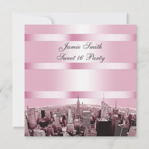 Geëtst NYC Skyline 2 Zwart Roze Sweet 16 Party Kaart