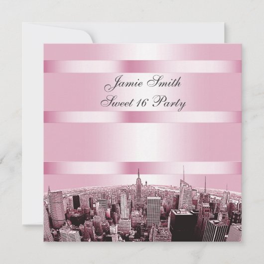 Geëtst NYC Skyline 2 Zwart Roze Sweet 16 Party Kaart (Voorkant)
