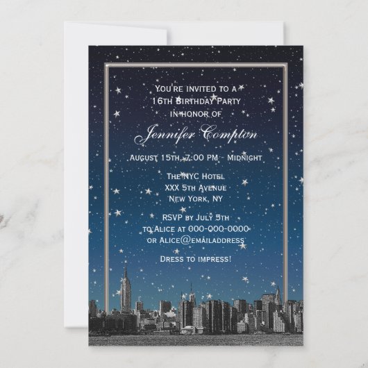 Geëtst NYC Skyline #3V2 Starry Blu Sunset Sweet 16 Kaart (Achterkant)