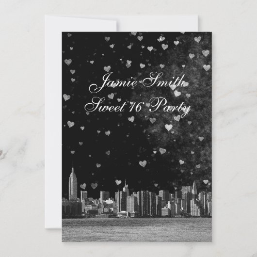 Geëtst NYC Skyline Zwart BG Wit Hart Zoet 16 V Kaart (Voorkant)