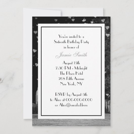 Geëtst NYC Skyline Zwart BG Wit Hart Zoet 16 V Kaart (Achterkant)