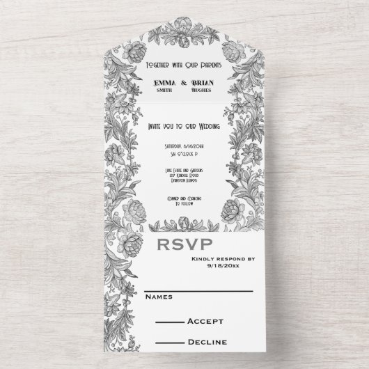 Geëtste Floral All-in-One All In One Uitnodiging (Binnen)