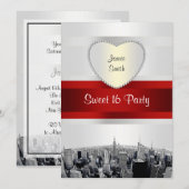 Geëtste NYC Skyline 2H wit, rood lint zoet 16 Kaart (Voorkant / Achterkant)