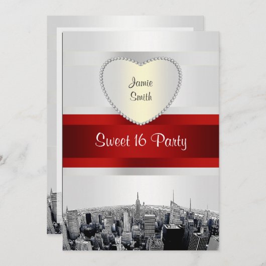 Geëtste NYC Skyline 2H wit, rood lint zoet 16 Kaart (Voorkant / Achterkant)