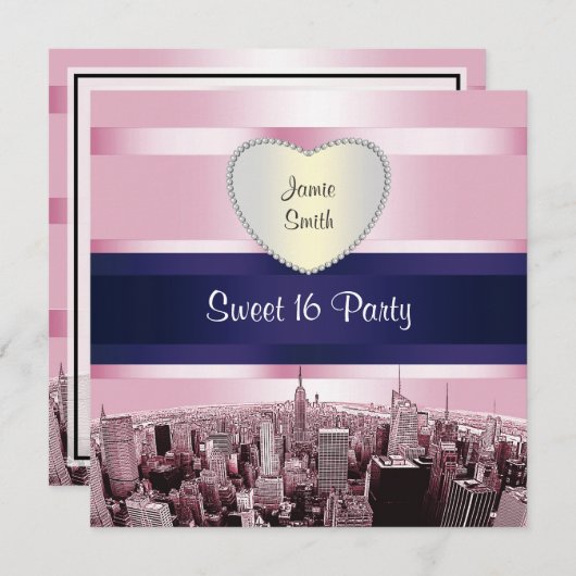 Geëtste NYC Skyline 2P Roze Blauw RBN H Sweet 16 P Kaart (Voorkant / Achterkant)