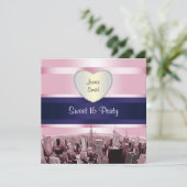 Geëtste NYC Skyline 2P Roze Blauw RBN H Sweet 16 P Kaart (Staand voorkant)