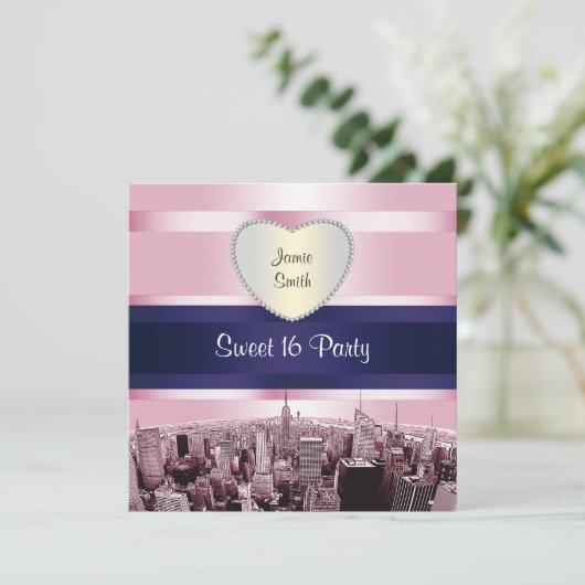 Geëtste NYC Skyline 2P Roze Blauw RBN H Sweet 16 P Kaart (Staand voorkant)